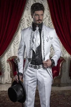 Biely Stojan Golier Tailcoat Najnovšie Módne Vyšívané Vzory Muži Obleky Custome Vyrobené Sako (Bunda+Nohavice+Kravatu+Vreckovky)