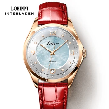 LOBINNI High-End Seagull Pohyb dámske Hodinky Mother-of-Pearl Dial Dizajn Luxusné Mechanické Žena Náramkové hodinky