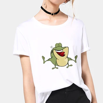 Tričko ženy Kawaii žaba Vytlačené 2019 Nové letné lumbálna Krátky Rukáv t-shirt Biele Tenké časti Tričko ženské oblečenie, Topy