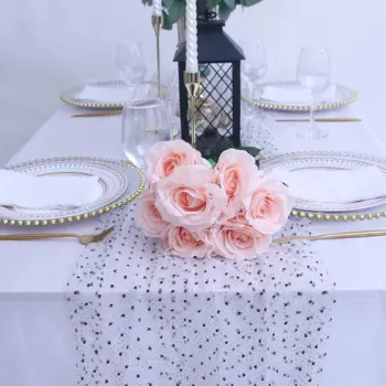 RU151 Nové unikátne elegantné Svadobné dekor biela úplnej voile s čiernou bodkou a zlatých trblietavých stôl runner