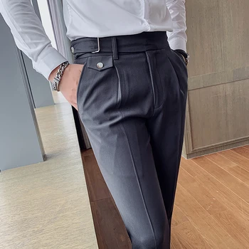 Luxusné Mužov Nohavice Business Štyri Sezóny Buttoned Pás Teľa Hombre Bežné Rovné Nohavice Nohavice Pre Človeka Pantalon De Vestir