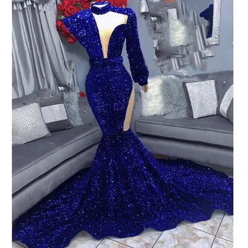 kráľovská modrá prom šaty jedno rameno dlhý rukáv morská víla vlastné, aby dlhé večerné šaty šaty arabčina iskrivý večerné šaty