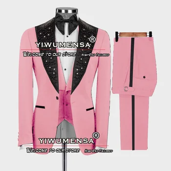 Hot Pink pánske Obleky Pre Svadobné Slim Fit Ženícha Smoking Tailore Vyrobený 3 Kusy Čierne Korálkové Štítok Sako Vestu Nohavice Módne