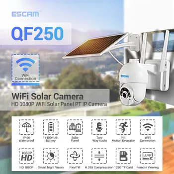 ESCAM QF250 1080P Cloud Storage WIFI Batérie PIR Alarm dome IP Kamera S Solárny Panel Plné Farby Nočné Videnie obojsmerné Audio