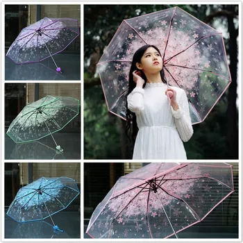 Romantický Transparentný Dáždnik Módne Cherry Blossom Anti-uv ochranu proti slnečnému žiareniu Parasol Automatické 3 Násobne Dáždnik Dážď zariadenia