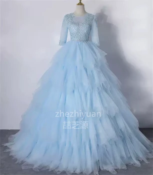 Princezná Quinceanera Šaty 2023 Dlhé Rukávy Vysoká krku Čipky Appliques 15 Baby Blue Tylu 3D Kvet Luxusné Šaty Quinceanera