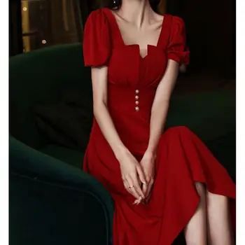 Letné Krátke Elegantné Sexy Midi Šaty Žien Červená Kórejský Vintage Večerné Šaty 2023 Pevné Bežné Elegantné Bodycon Party Šaty
