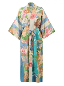 Boho Inšpiroval zelený kvetinový tlač dlho kimono Cover-Ups boho plážové šaty letné Swimwears zakryť šaty tvaru bikini zakryť