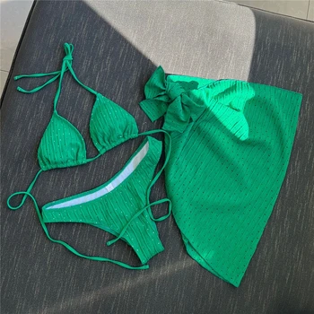 Sexy Tuhé 3 Kusy Bikini Set 2023 Letné Plážové oblečenie Trojuholník Dvojdielnych Plavkách S Plážové Sukne, Plavky Cover-up
