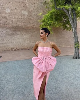 Kateřina Sexy Ramienok Ružová Taft Strany Večerné Šaty Veľký Luk Split Arabský Čaj Dĺžka Formálne Prom Šaty Noc Prípade Príležitosti
