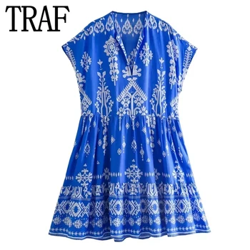 TRAF Blue Print Krátke Šaty Pre Ženy 2023 Ročník Mini Šaty Žena Ruched Krátky Rukáv Voľné Príležitostné Letné dámske Šaty