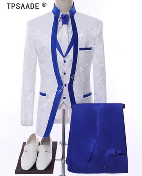 White Royal Blue Blazer Nohavice Rim Fáze Oblečenie Pre Mužov Vyhovovali Nastaviť Mužov Smoking Nevesty Svadobné Formálne oblečenie 3ks Bunda+Nohavice+Vesta