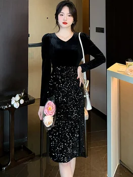 Ženy Black Velvet Elegantné Flitrami Midi Šaty Jeseň Zima Kórejský Vintage Hepburn Party Šaty 2023 Elegantné Bodycon Luxusné Vestidos