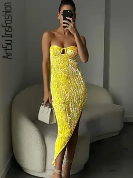 Žlté Šaty Flitrami Party Šaty Bez Ramienok Lesk Šaty Ako Vystrihnuté Mini Šaty Clubwear Noc Oblečenie Midi Sexy Dámske Šaty