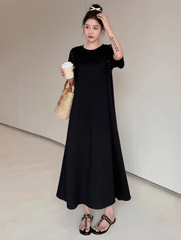 2023 Lete Nové Kórea Korálkové Dizajn, Čierne Tričko Žena Šaty Vestidos Župan Voľné Plus Veľkosť O-Krku Krátky Rukáv Ženy Dlhé Šaty