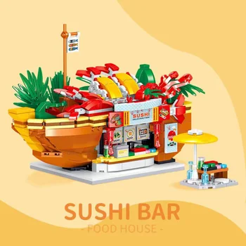 3D Model DIY Diamond Stavebný kameň Tehla Mesto, Výhľad na Ulicu Série Sushi Hotpot Reštaurácia Tvorivé Montáž Hračka pre Deti,