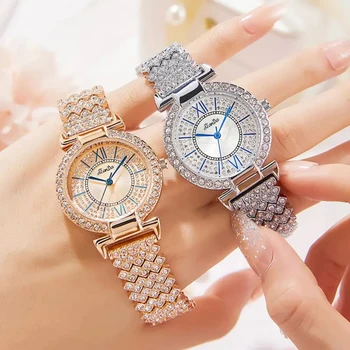 Luxusné Nové Módne Plná Diamantov Hodinky dámske ružové Zlato a Striebro Quartz Hodinky Jednoduché Drahokamu Dámske Náramkové hodinky Reloj Mujer