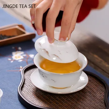 Čínsky Biely Porcelán Gaiwan Cestovné Čaj Misy Ručne Maľované Krajiny Vzor Keramické Teacup Domov Teaware Drinkware 170 ml