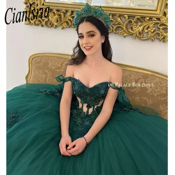 Romantický Zelená Ramena Quinceanera Šaty 2023 Vyšívanie Korálkami Princezná Plesové Šaty, Vestidos De 15 Quinceañera