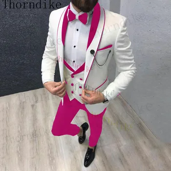 Thorndike Najnovšie Bielej Farby Pre Svadobné Tuxedos Ženícha Rose Červené Klope Groomsmen Oblečenie Muž Blejzre Kostým Homme