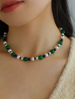 Prírodné sladkovodné perly zelená kolo gem spojov korálkový náhrdelník clavicle reťazca módne darček