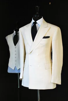 Biele Prádlo Dvojité Breasted Muži Obleky Pre Svadbu 3 Kusy(Bunda+Nohavice+Vesta) Na Zákazku Prom Ženícha Strany Nosiť Muži Oblek, Smoking