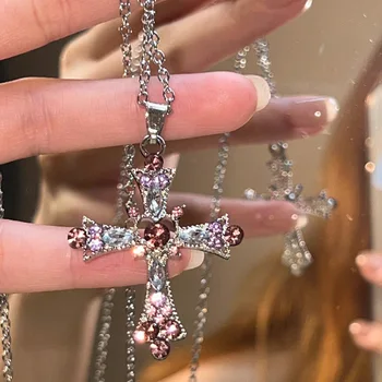 Pink Cross Prívesok Náhrdelník pre Ženy Gotický Crystal Y2K Náhrdelník Dievča kórejskej Strany Módne Šperky Príslušenstvo s Dlhým Reťazcom