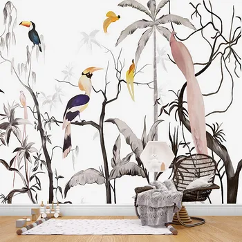 Ručne maľované tropické čiernej a bielej dážď lesných vtákov prispôsobený 3D tapety tapety tapety obývacej izby, spálne, gauč ba