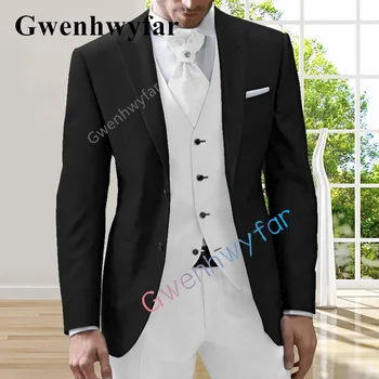 Gwenhwyfar Custom-Made-Čierny Oblek-Biely Vesta Ženícha-Tuxedos-Groomsmen-Vrchol-Klope-Wedding-Večera-Obleky-Best-Človek-Ženích-Bunda