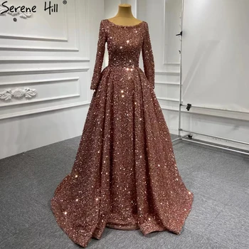 Serene Hill Moslimských Bean Ružové Zlato Večerné Šaty Šaty 2023 A-Line Luxusné Iskru Pre Ženy Strany HM67124A