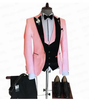 Vlastné Ružová s Čiernymi Farbami, pre Mužov, Svadobné Formálne Ženícha Fashion Party Tuxedos Business Prom Mans Blejzre 2023 Slim Fit 3-dielna
