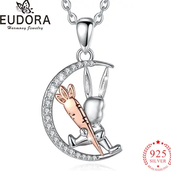 Eudora Nové 925 Sterling Silver Roztomilý Zajačik Mrkva Náhrdelník vložkou Zirkón Zvierat Prívesok Ženy Nádherné Šperky Daru Veľkonočné