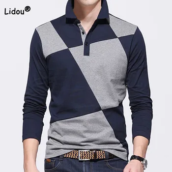 Móda Kontrast Farieb Long Sleeve Polo Tričko pre Mužov Jar Bežné Jednoduchosti All-zápas Patchwork Topy Trend Mužské Oblečenie