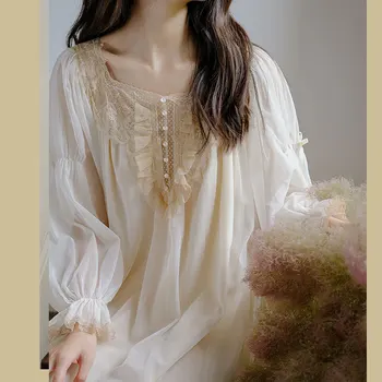 Vintage Ženy Sleepwear Royal Štýl Romantický Vyšívané Čipky Pyžamo Bohyne Nightdress Dámy Jemnej Marhuľovej Farby Nightgown